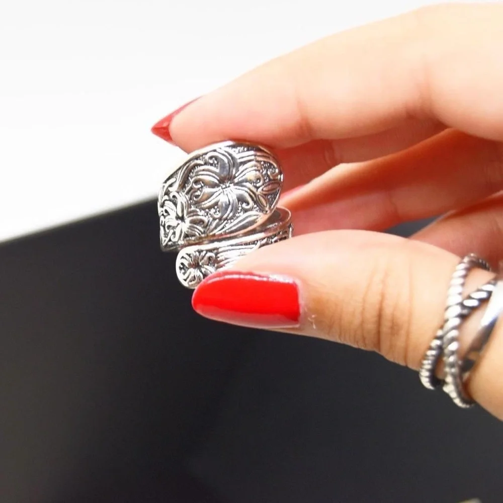 Silver Spoon Ring with Flower Design